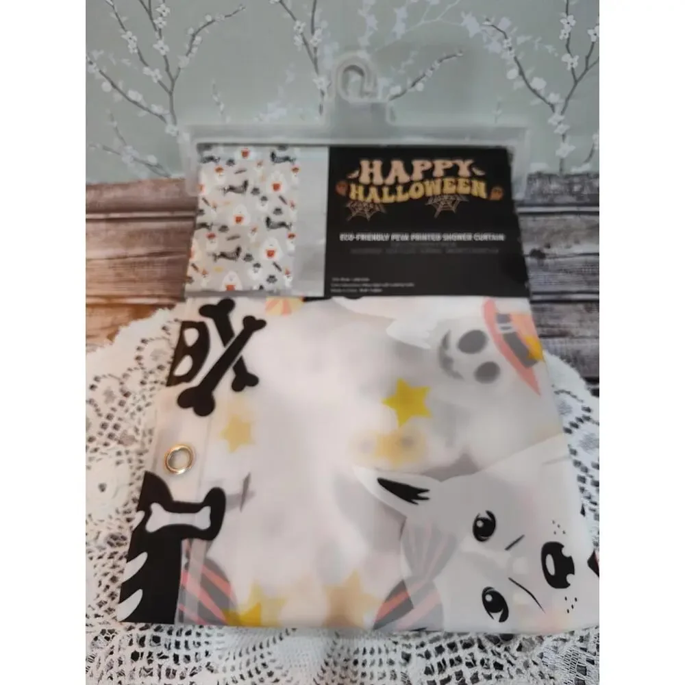 Happy Halloween Shower Curtain Eco Peva 70”x 72” Dog Costumes Trick or Treat Boo